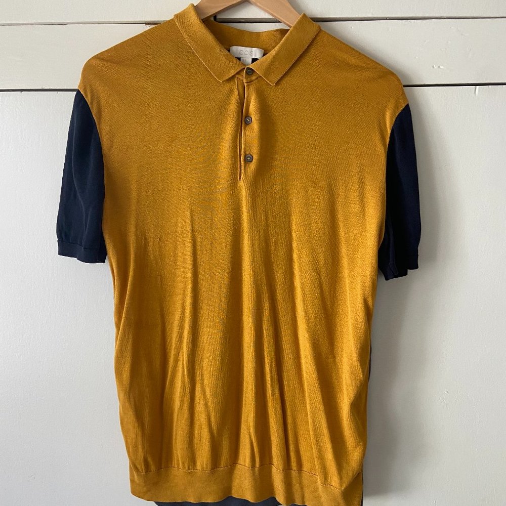 COS Polo Button Up Gold Gray Blue Color Block